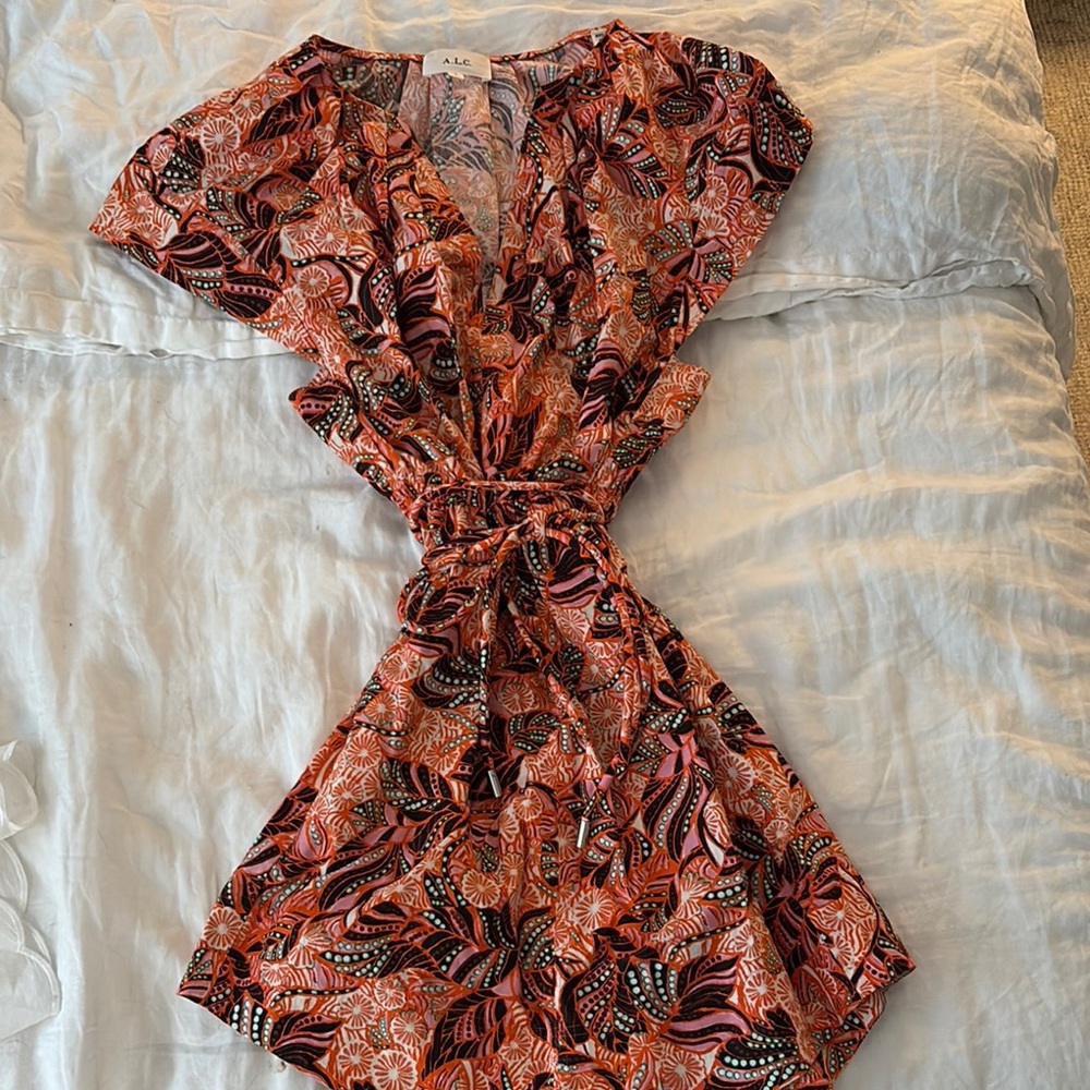 ALC Orange and Black Flutter Sleeve Mini Sundress